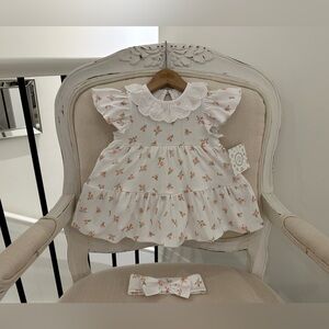 🦢 9 Month Baby Pointelle Knit 100% Cotton Ruffle Floral Dress & Hair bow NWT